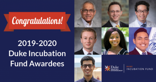 A blue, white, and orange graphic of the awardees of the Duke Incubation Fund